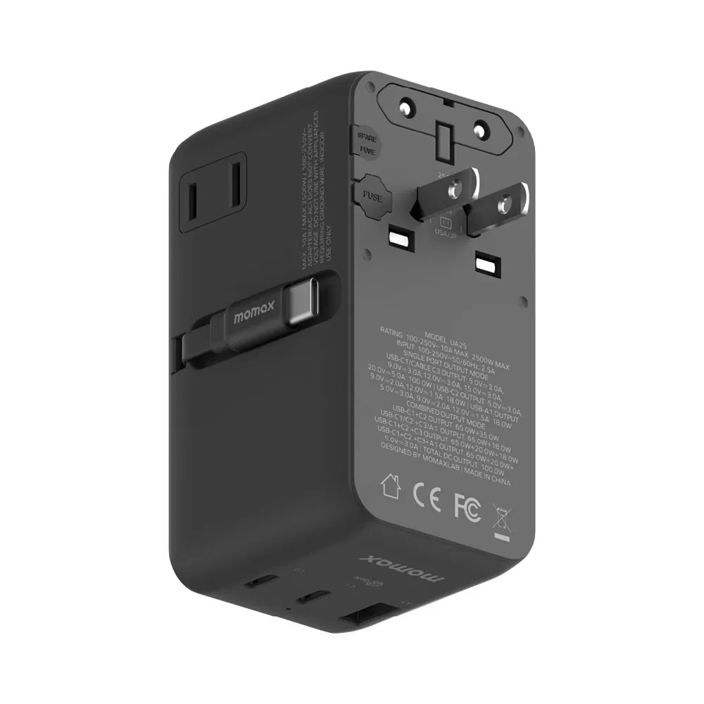 Momax 1-World 2 GaN Global Travel Adapter 100W International Wall Charger with Built-in Cable - Black