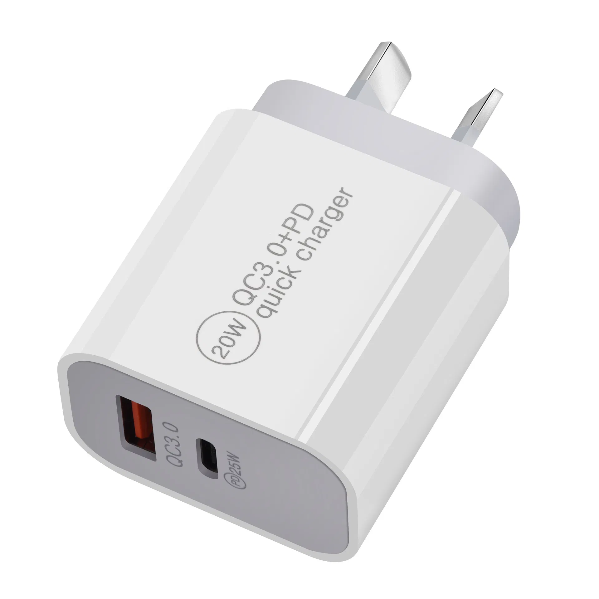 Factory Direct QC3.0+Pd 20W Dual Port USB+Type C Fast Charger Adapter Us/EU/Au/UK Plug Universal Travel Adapter for Smartphone