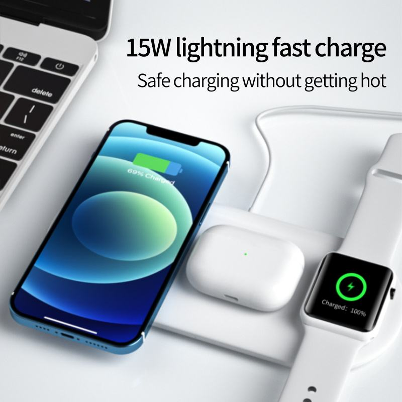 Popular Latest Qi 3in1 Wireless Charger Desktop 15W Fast Charging Compatible USB Charging Station for iWatch for Airpods