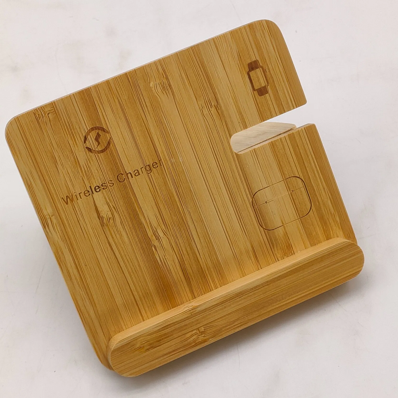 Multiple Desktop Bamboo Wireless Charging Station for Cellphone Smart Watch Tablet Earphones