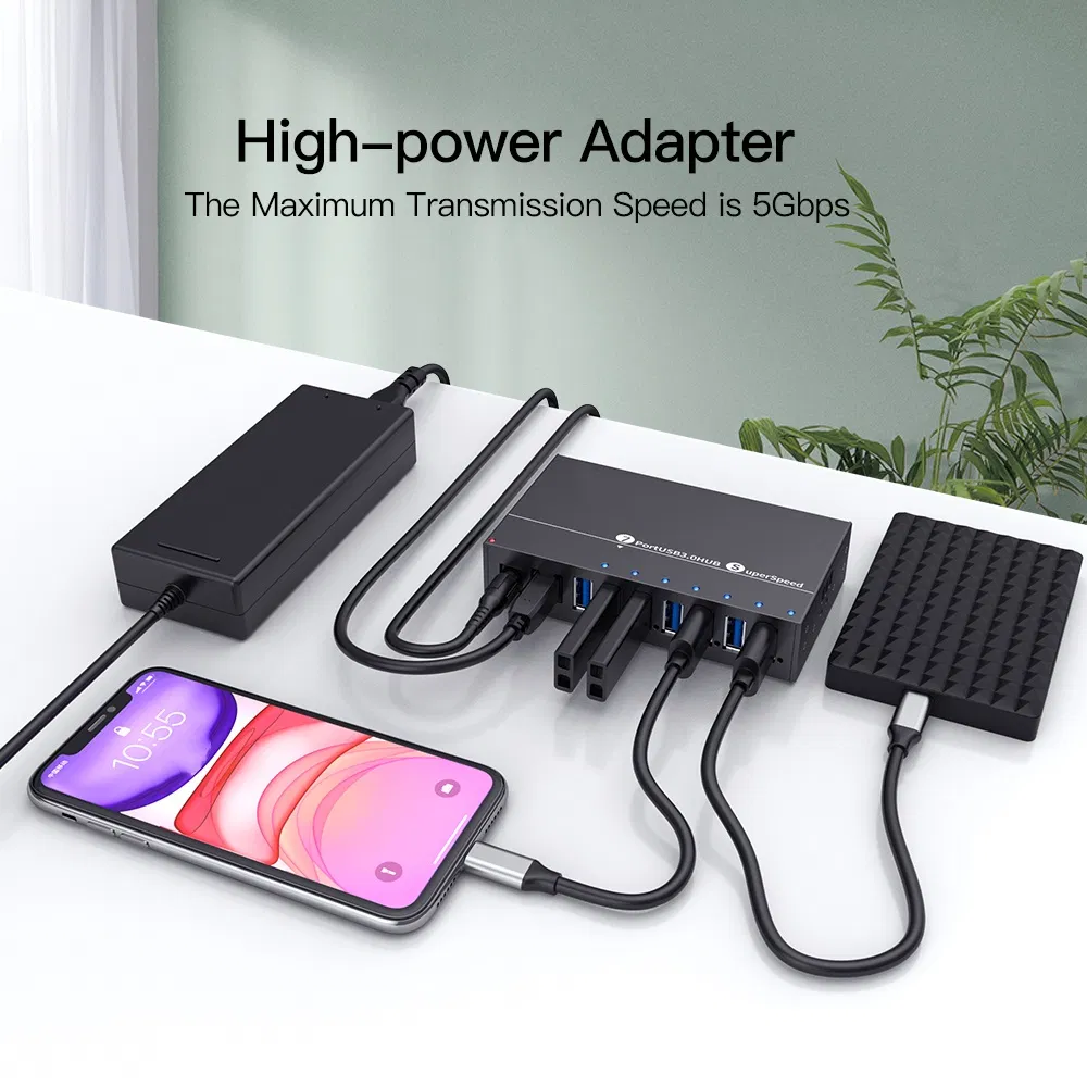 Custom Industrial High-Speed 7-Port USB 3.0 Hub with 12V 3A DC Adapter
