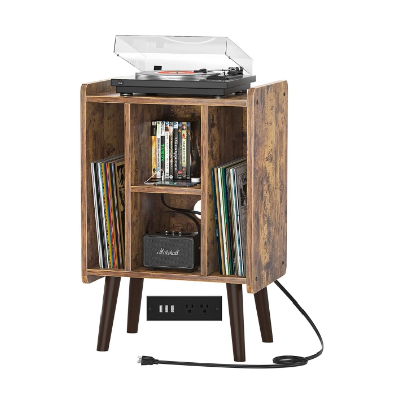 Rustic Brown Record Cabinet with Power Outlets and USB Ports 0696