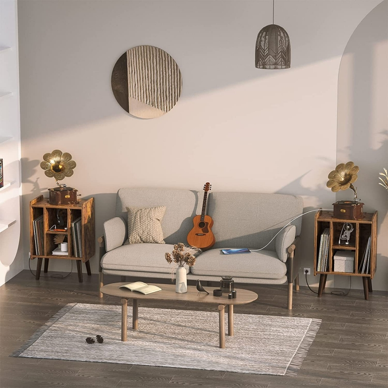 Rustic Brown Record Cabinet with Power Outlets and USB Ports 0696