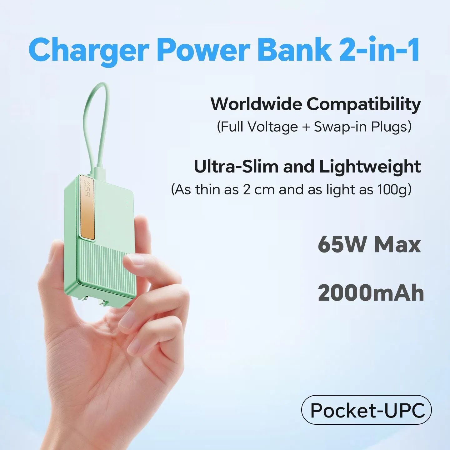 65W GaN Uninterruptible Power Charger Pd Fast Charging Power Bank 2000mAh with Wall Plug for Phone