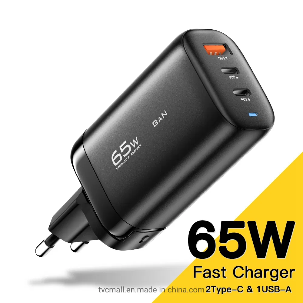 Essager 65W GaN Travel Charging Dock Power Adapter 3-Output Type-C+ USB-a EU Plug Wall Charger [with CE Certificate] for Tablets/Smartphones - Black