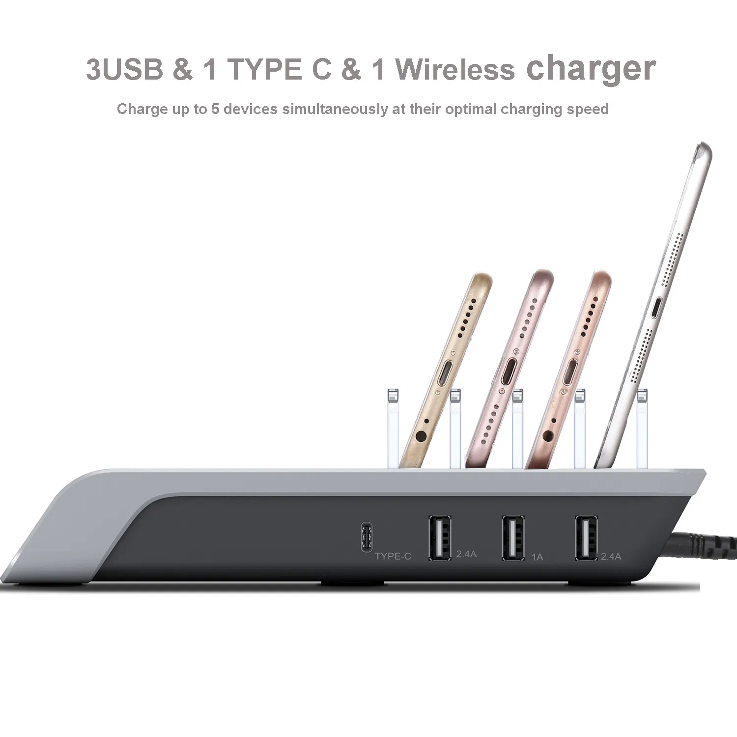 Multifunction Qi 45W 5 in 1 fast charging station 4 USB ports charging station with a wireless charger