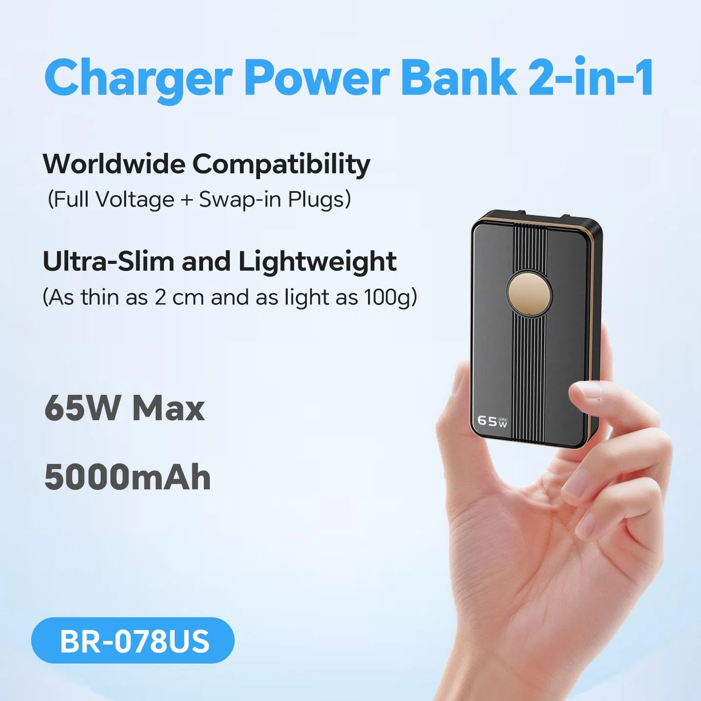 65W GaN Uninterruptible Power Charger Pd Pocket Portable Power Bank 5000mAh with Wall Plug Fast Charging for Phones Laptops Business Travel and Gifts, Black