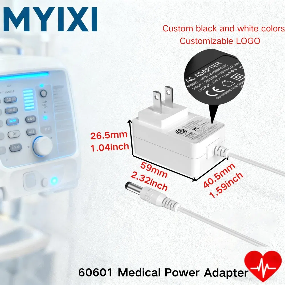 Myixi High-Efficiency 100-240V AC Input 24W Wall Mount 12V 1A 5A GaN Laptop Power Adapter Black Cable LED Light Indicator