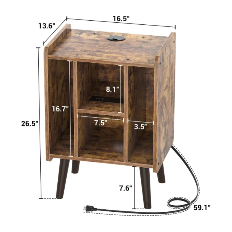 Rustic Brown Record Cabinet with Power Outlets and USB Ports 0696