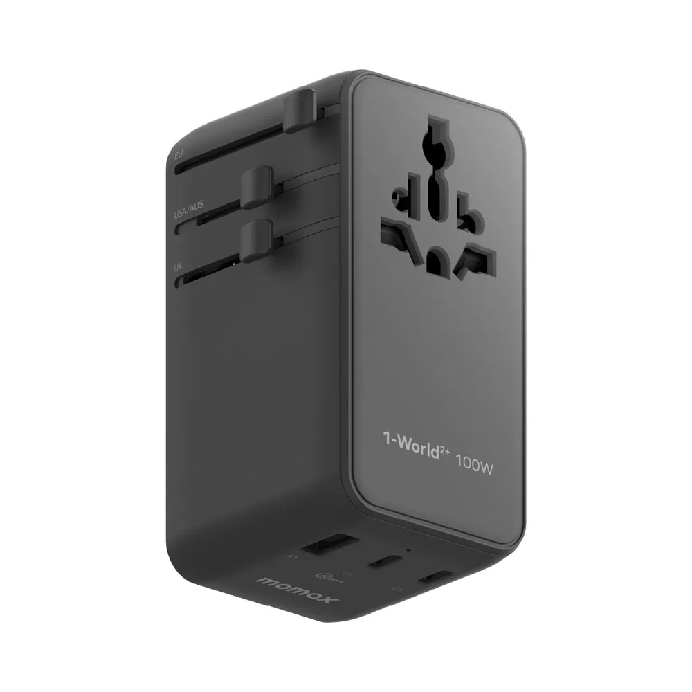 Momax 1-World 2 GaN Global Travel Adapter 100W International Wall Charger with Built-in Cable - Black