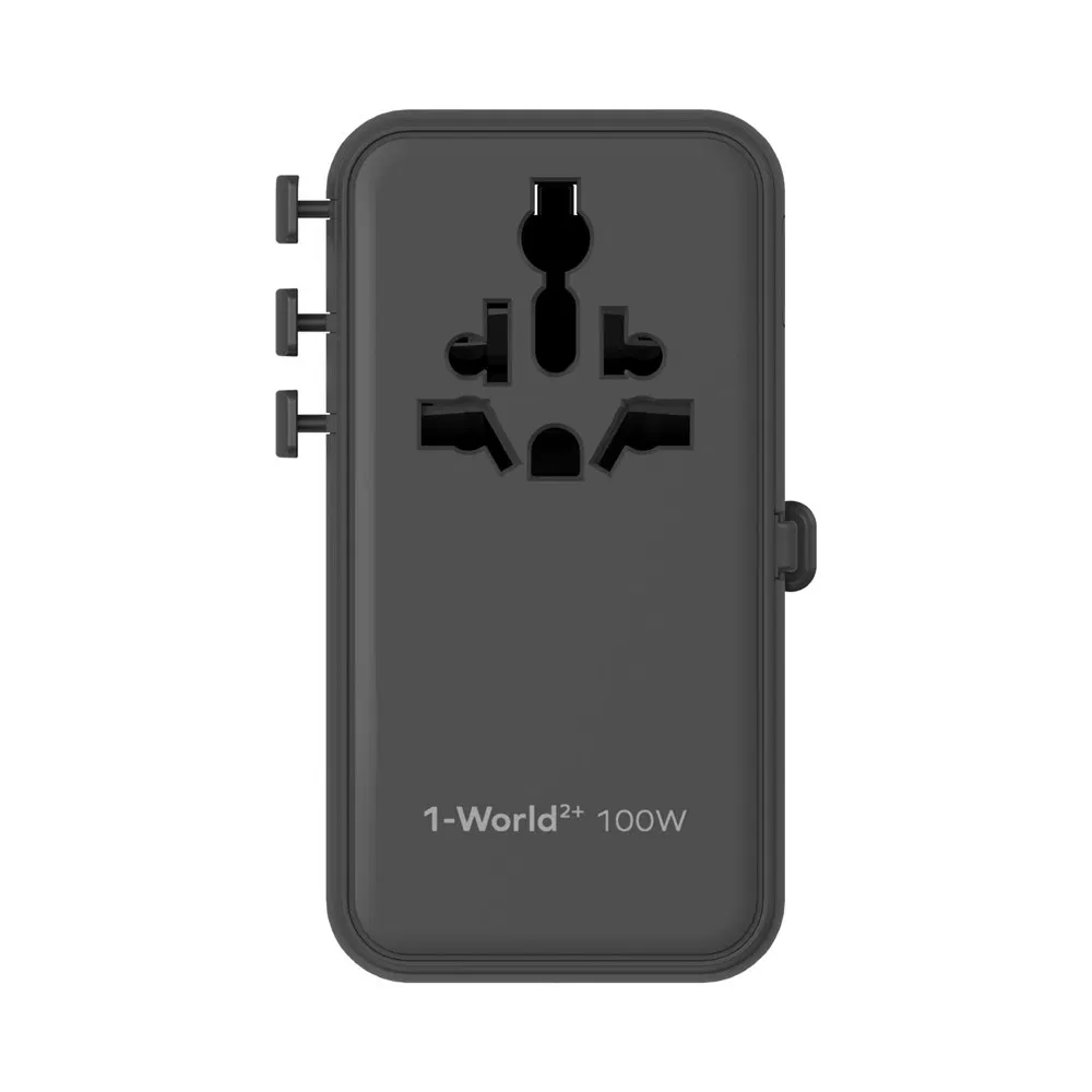 Momax 1-World 2 GaN Global Travel Adapter 100W International Wall Charger with Built-in Cable - Black
