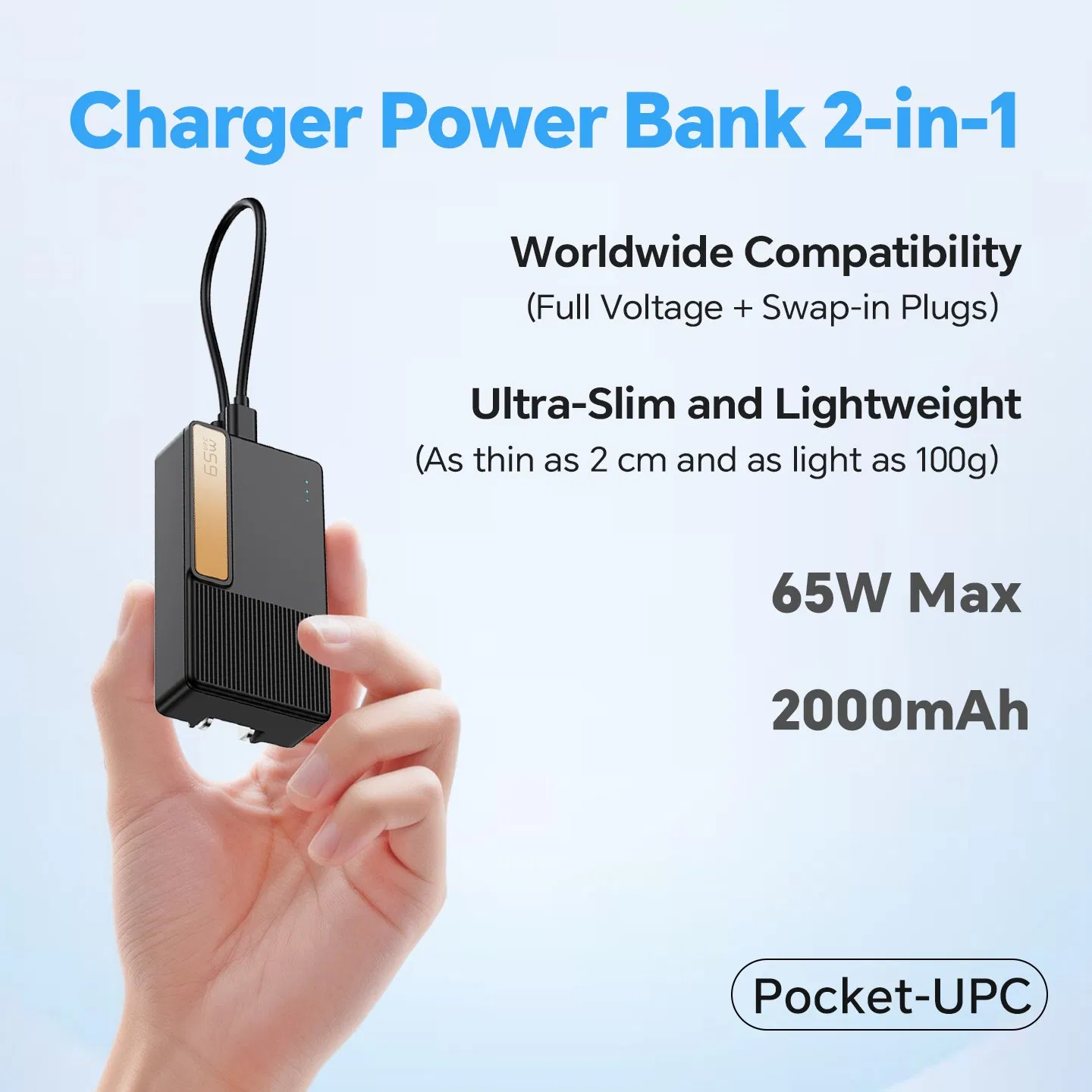 65W GaN Uninterruptible Power Charger Pd Fast Charging Power Bank 2000mAh with Wall Plug for Tablets