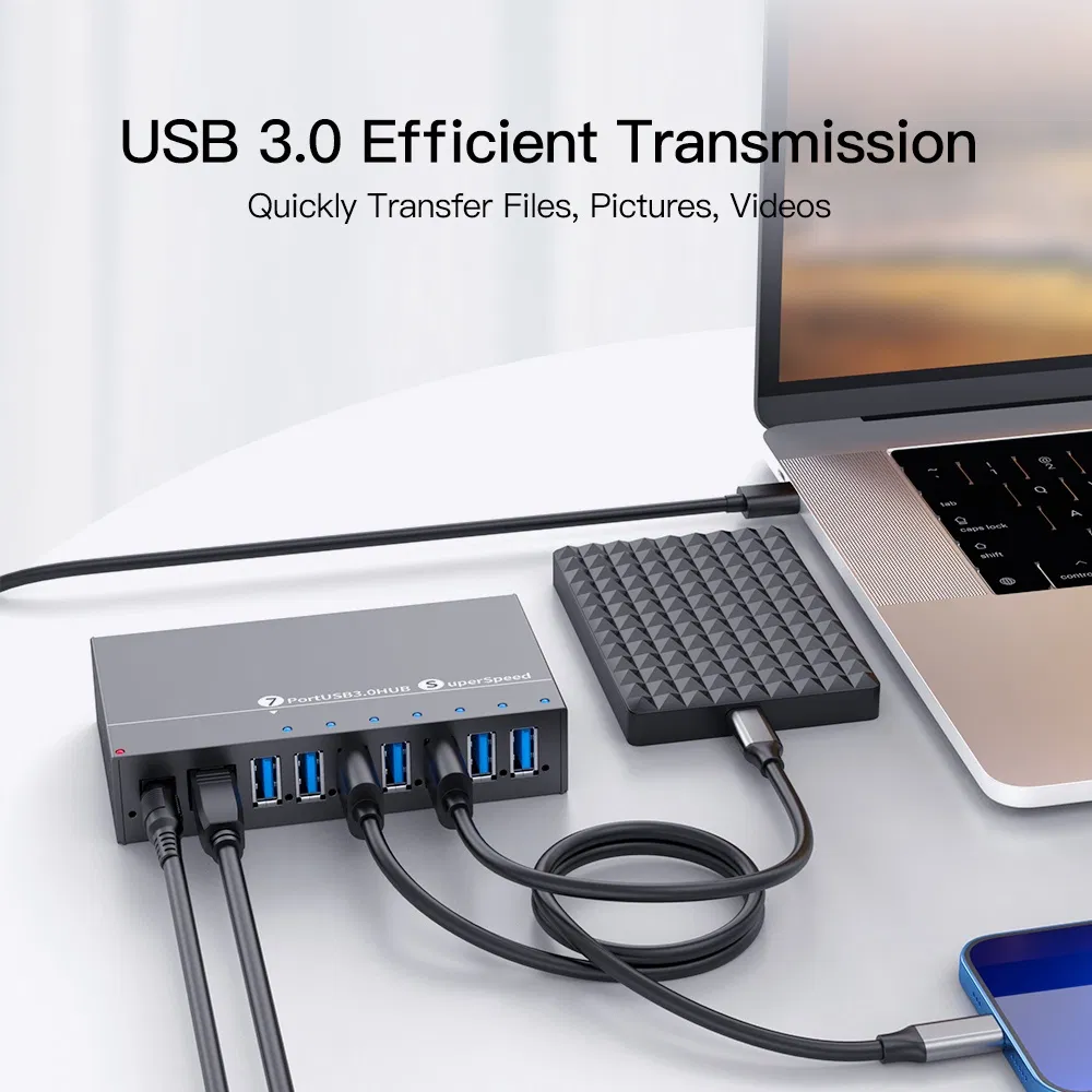 Custom Industrial High-Speed 7-Port USB 3.0 Hub with 12V 3A DC Adapter