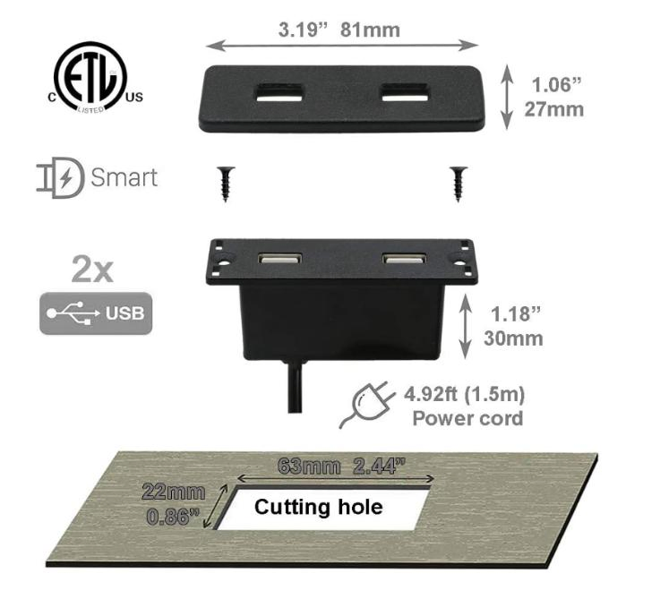 Recessed USB Power Strip with Power Supply