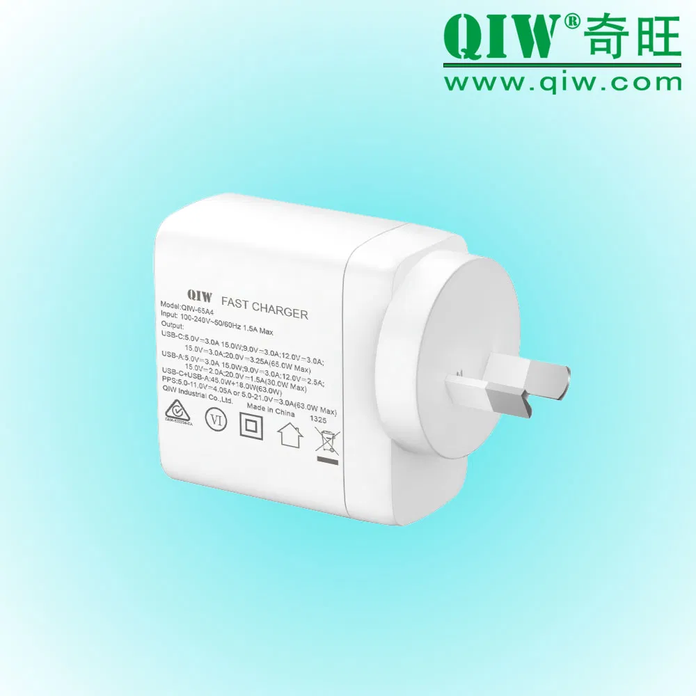 Qiw USB C Charger SAA Rcm Pd USB-C Charger GaN Charger 45W 65W PPS Fast Charger for Au Aus Australia Laptop Tablet Smartphone 20V 2.25A 3.25A as 62368-1