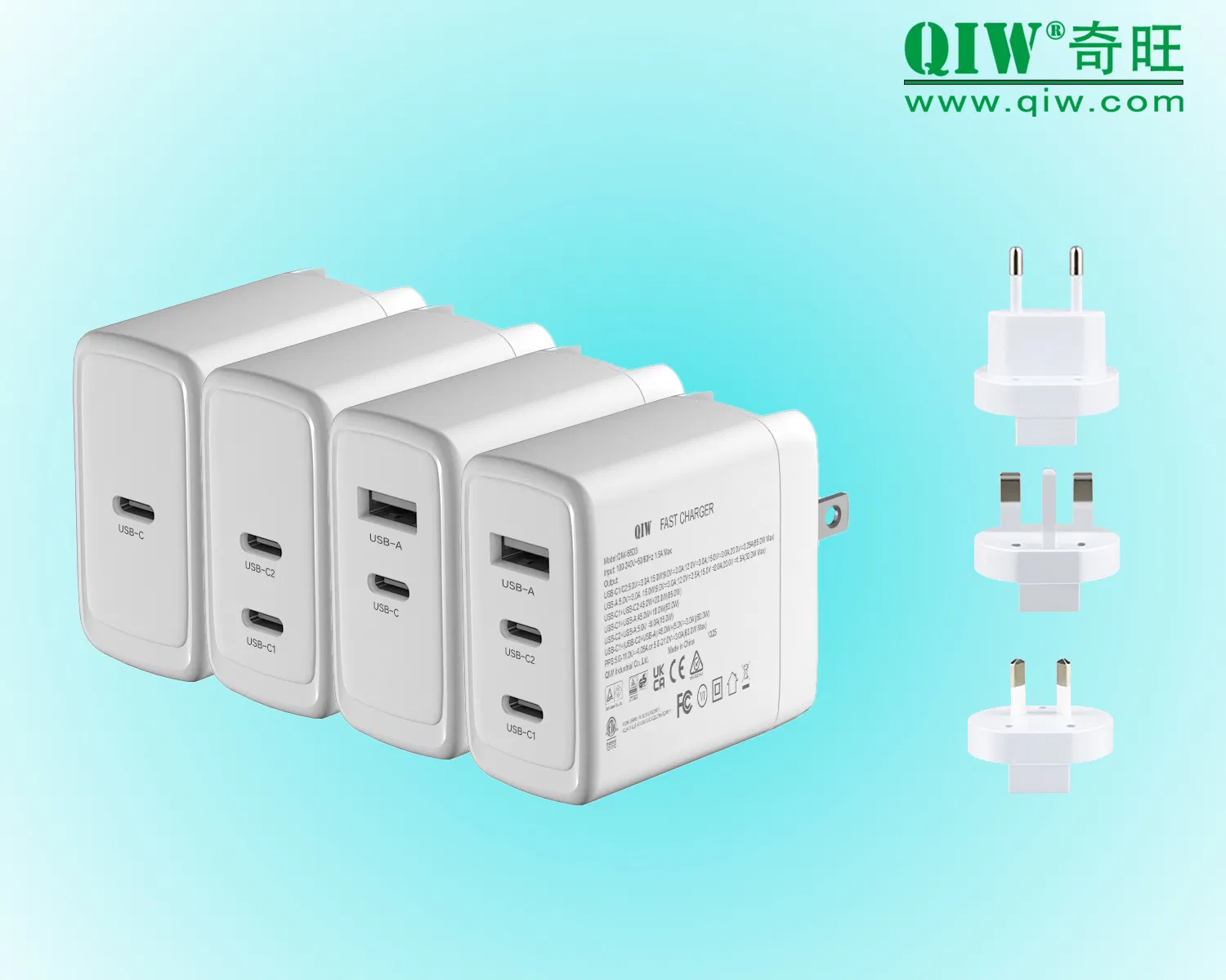 Qiw 45W 65W GaN Pd PPS Fast Charger Interchangeable Travel AC DC Power Adapter ETL cETL PSE FCC CE GS Ukca Rcm SAA Kc CCC Bsmi Us/EU/UK/Au/Kr Replaceable Plug