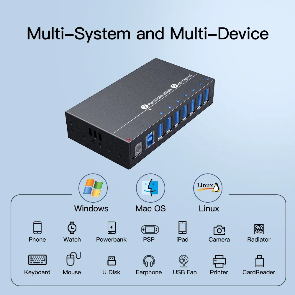 Custom Industrial High-Speed 7-Port USB 3.0 Hub with 12V 3A DC Adapter