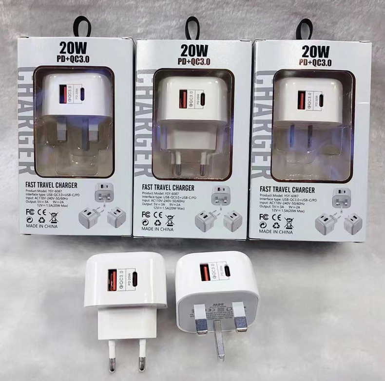 Us EU UK Plug Pd 20W QC3.0 USB C Quick Charge Fast Travel Charger Adapter Block for Mobile Phone 17/16/15/14/13 PRO Max