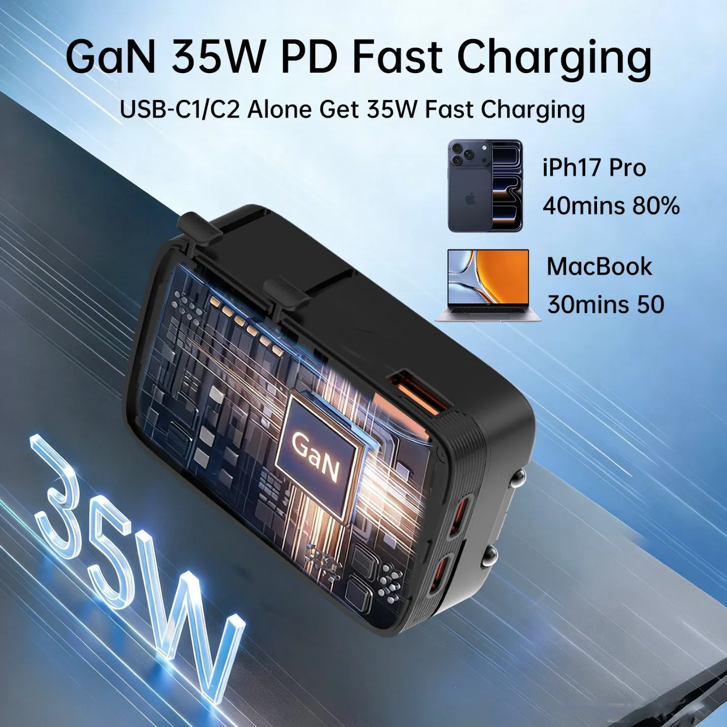 Aspor A885 GaN 35W Portable Travel Charger 4-in-1 Universal Adapter Type-C USB-a