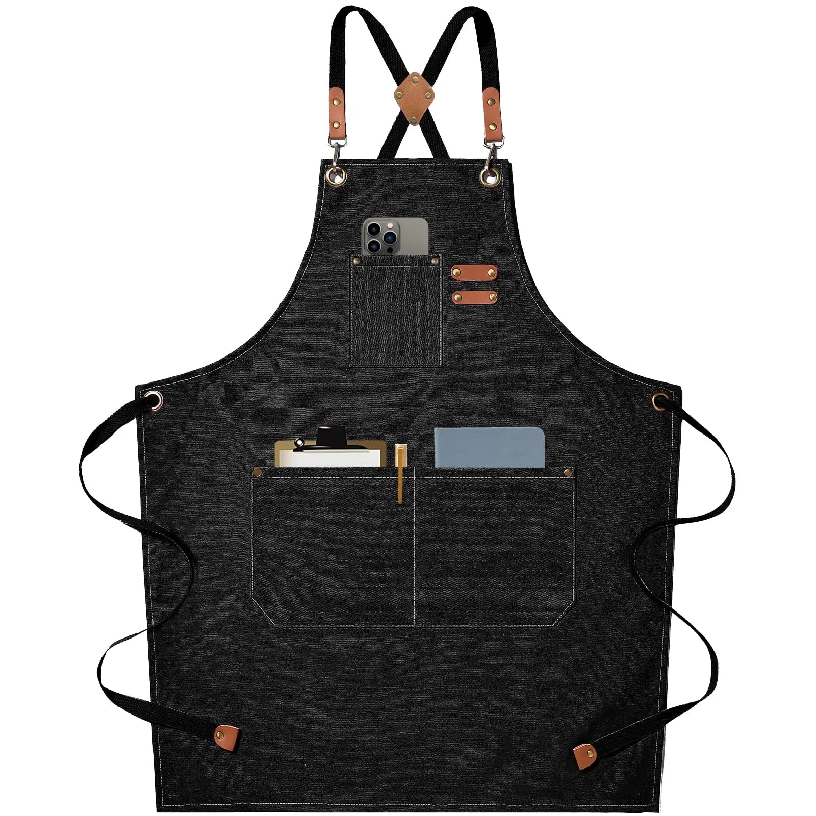 Chef Large Pockets Cotton Canvas Cross Back Heavy Duty Adjustable Work Aprons
