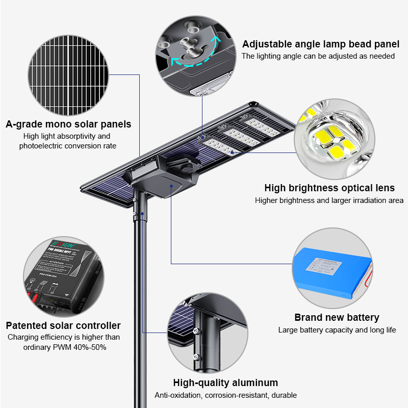 Newly Designed Integrated Solar Street Lamp System, Featuring a Solar Panel and Aluminum IP65 Outdoor Road Lighting Pole for Illumination.