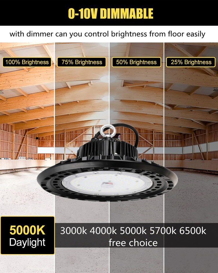 4CCT 3 CCT ETL Dlc SAA CB 1-10V &amp; Dali Group Dimmable Highbay Multiple Power 200watt 150watt 100watt Selectable Colors UFO Industrial High Bay Lighting IP66