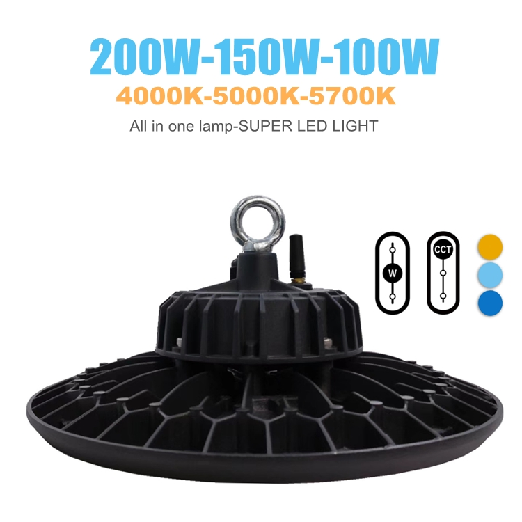 4CCT 3 CCT ETL Dlc SAA CB 1-10V &amp; Dali Group Dimmable Highbay Multiple Power 200watt 150watt 100watt Selectable Colors UFO Industrial High Bay Lighting IP66