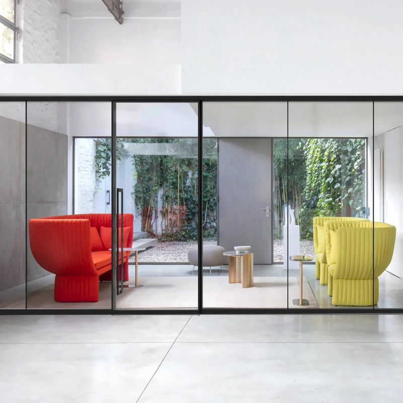 Modern &amp; Artistic Glass Partition Wall with Swing Doors for a Flexible Bathroom Glass Wall with Door