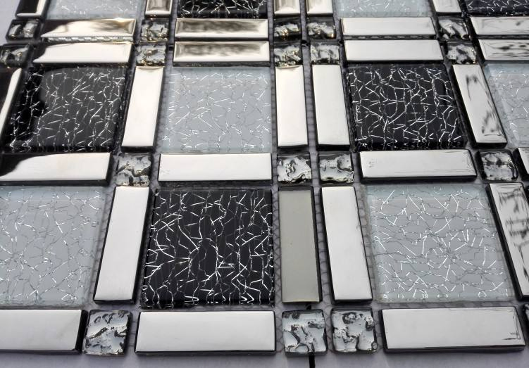 Sunnda China High Quality Interior Bathroom Walls Kitchen Backsplash Aluminium Stainless Steel Mixed Linear Glass Crystal Mosaic Tiles