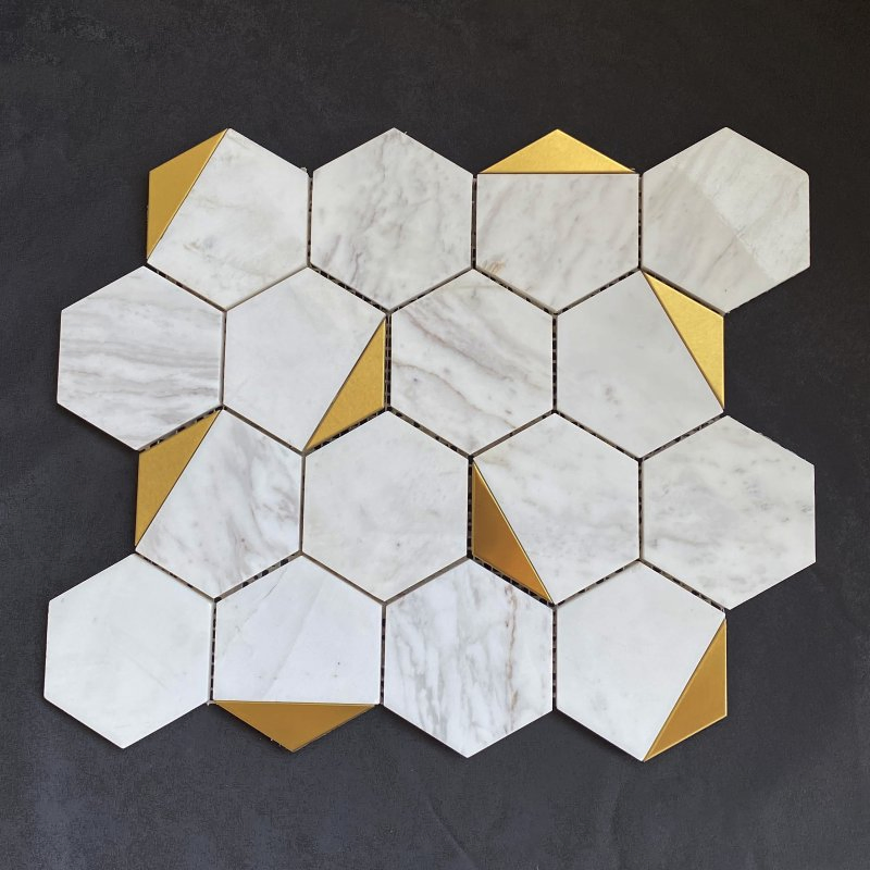 Custom Backsplash Kitchen 30X30 Gold and Carrara White Stone Brass Marble Mosaic Wall Tile