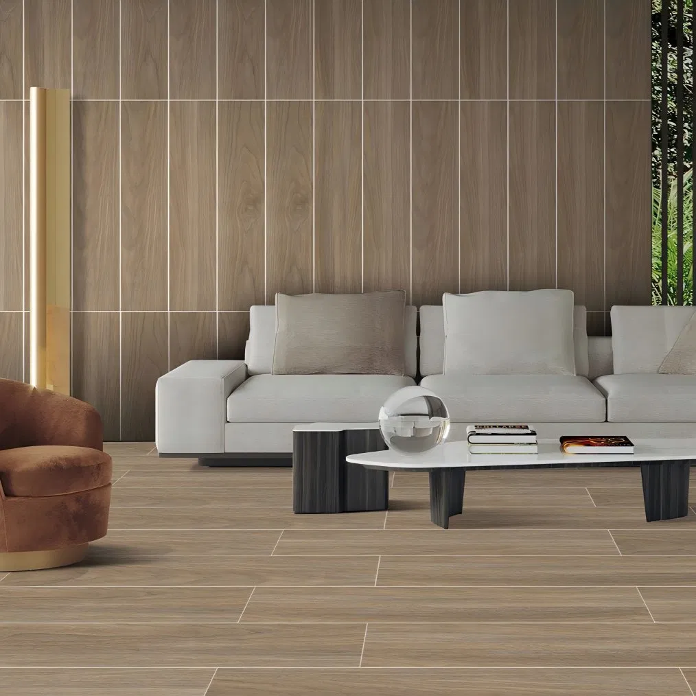 Cheap 150X900mm Walnut Grain Ceramic Tile Dark Brown Glazed Wood Pattern Floor Tiles for Large Project Decoration