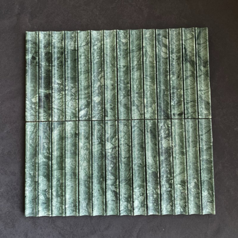 Green Strip Marble Mosaic Backsplash Kitchen Bathroom Wall Project Finger Kitkat Matte 3D Concave Strip Marble Mosaic Tile