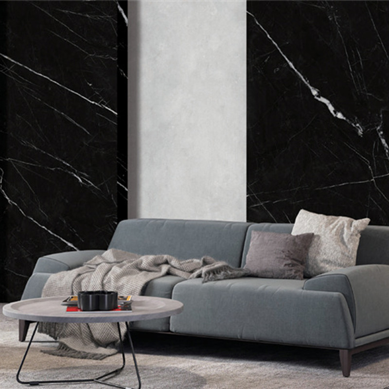 Living Room Background Wall Black Marble Tiles Large Format Continuous Pattern Wall Tiles