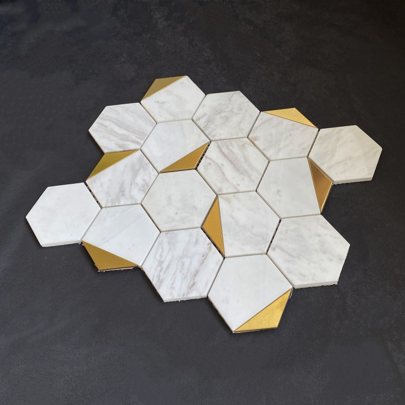 Custom Backsplash Kitchen 30X30 Gold and Carrara White Stone Brass Marble Mosaic Wall Tile