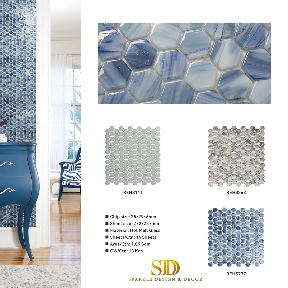 Beautiful Colorful Hot Melt Hexagon Shape Glass Mosaic Tiles for Bathroom Wall Kitchen Backsplash Decor