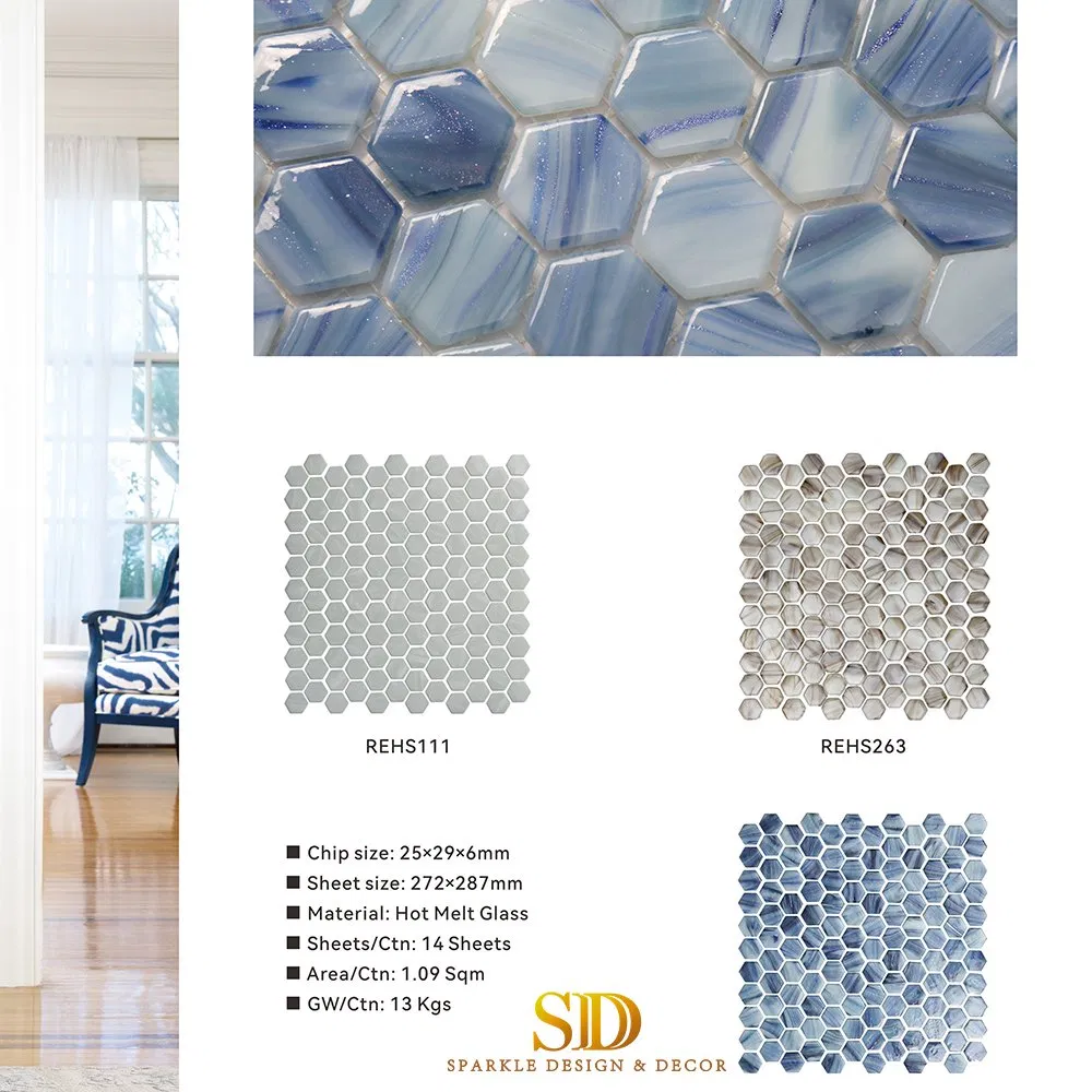 Beautiful Colorful Hot Melt Hexagon Shape Glass Mosaic Tiles for Bathroom Wall Kitchen Backsplash Decor
