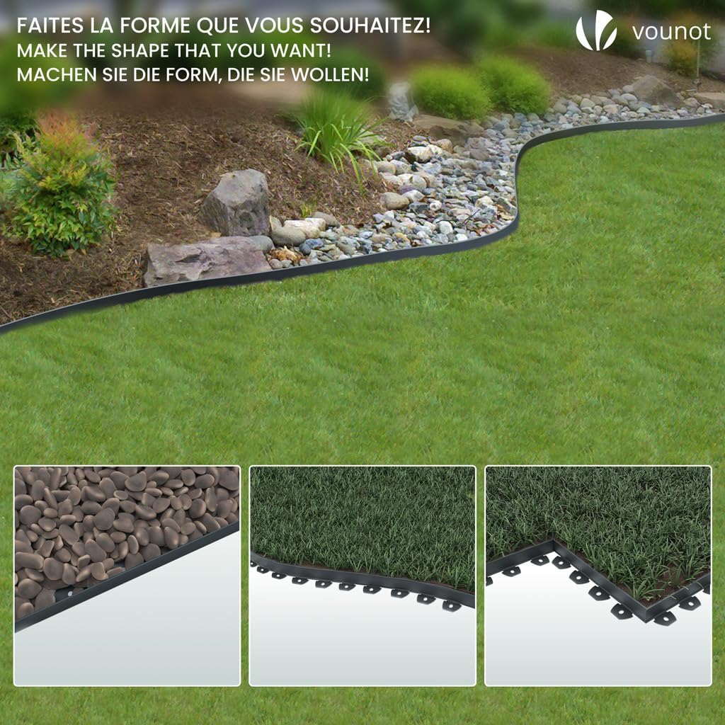 VOUNOT 20 Meter Anthracite Plastic Nature Garden Edging 40 Anchoring Pegs Flexible Lawn Border Height 50mm Pressure-Treated