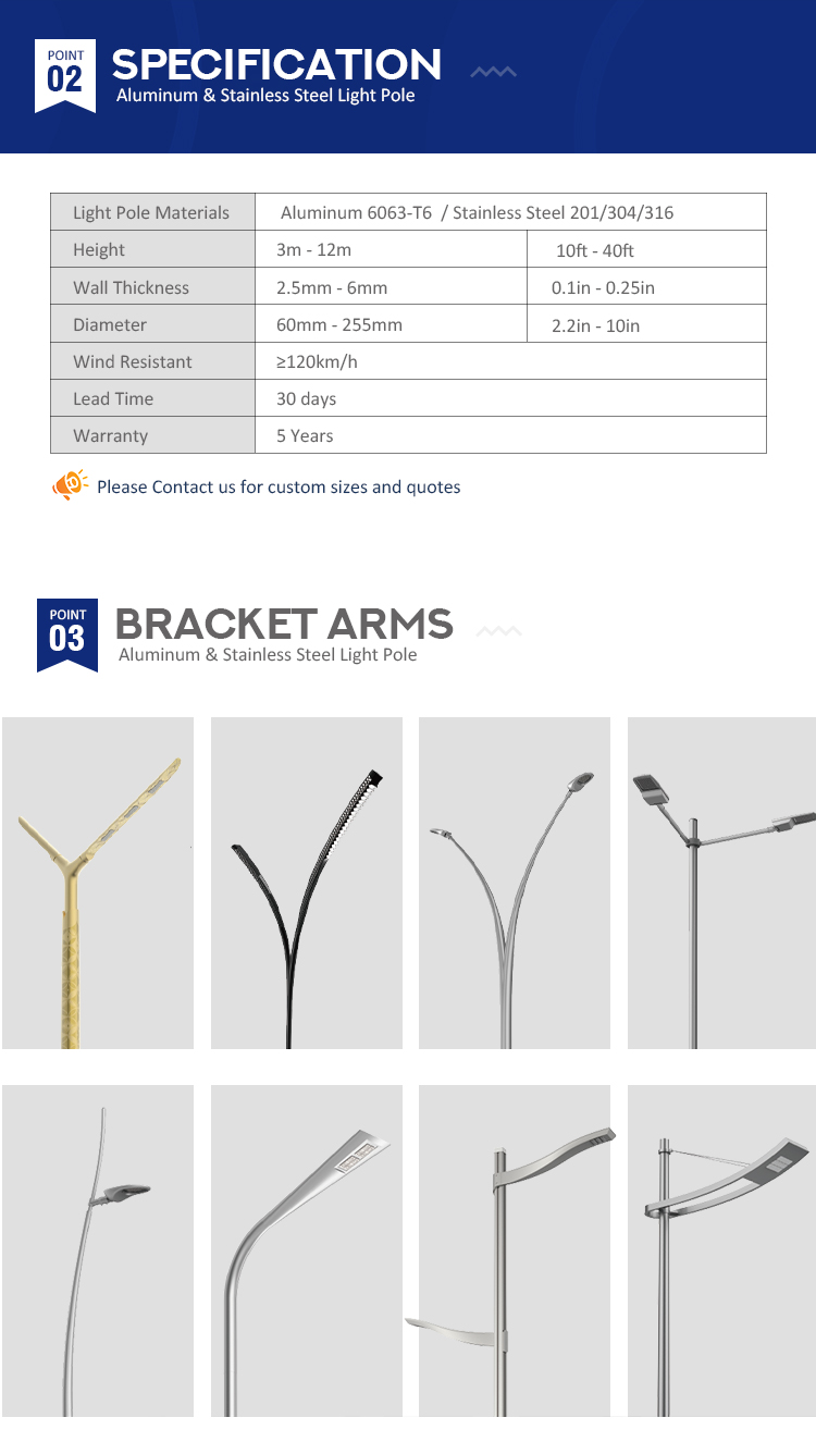 Customized Outdoor Aluminum Solar Street Light Pole Post Single Double Arm Sizes 4m 5m 6m 7m 8m 9m 10m 12m Competitive Prices