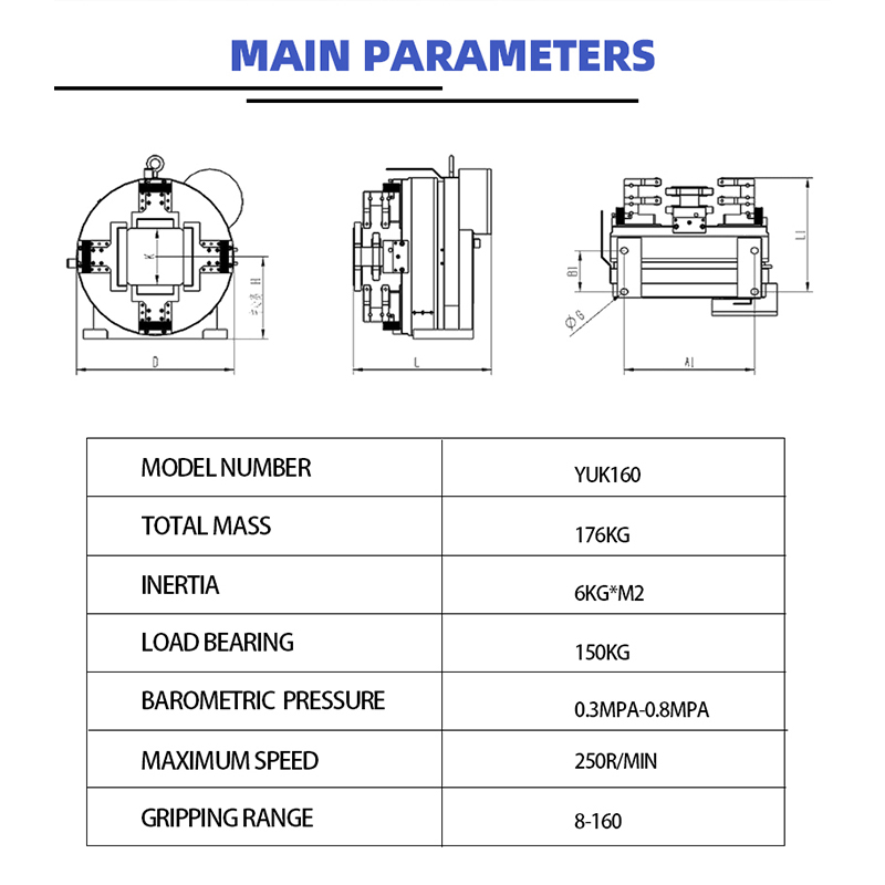 16 Years Experience High Quality 160mm High Accuracy 4 Jaw Pneumatic Rotary Automatic Front Main Chuck For Laser Cutting