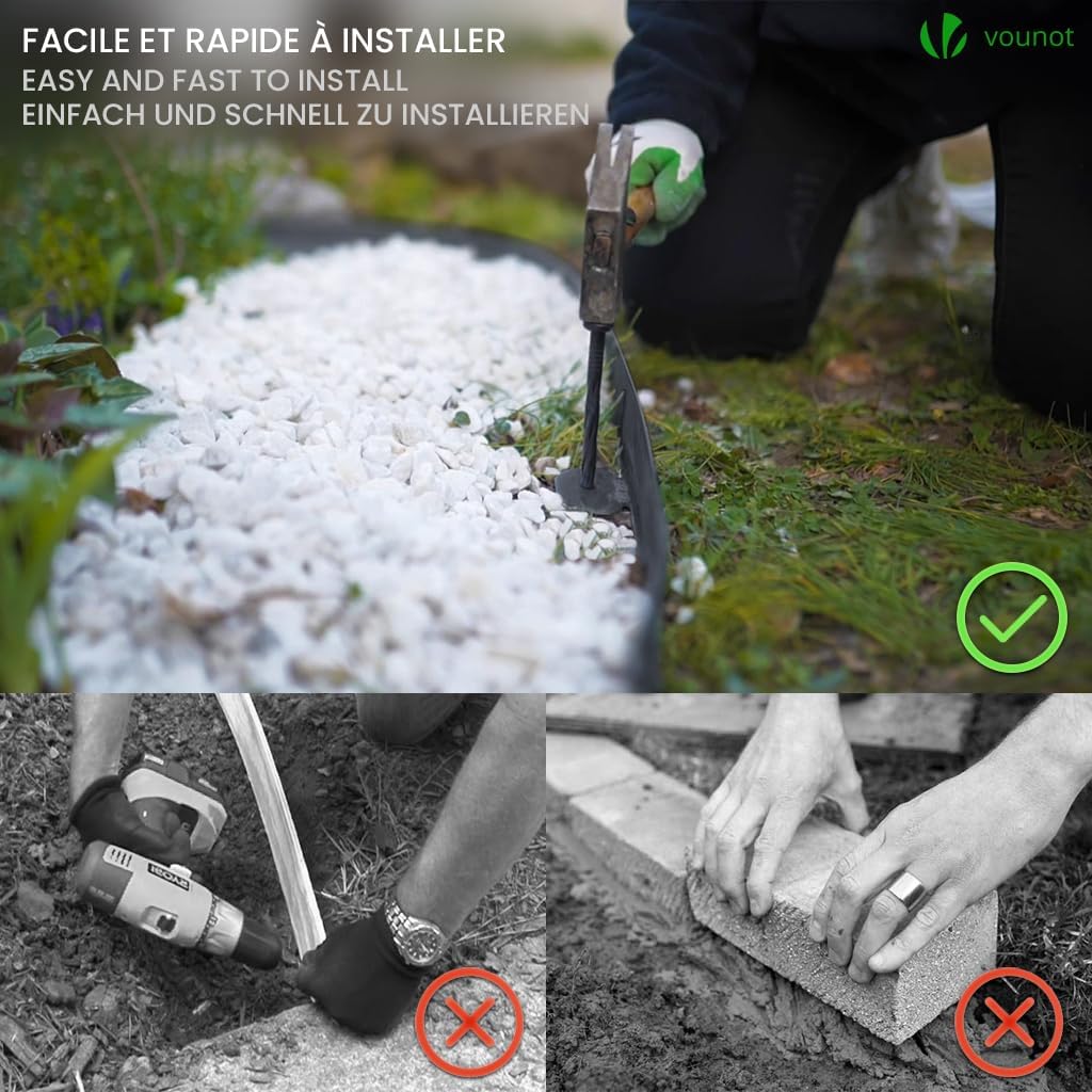 VOUNOT 20 Meter Anthracite Plastic Nature Garden Edging 40 Anchoring Pegs Flexible Lawn Border Height 50mm Pressure-Treated