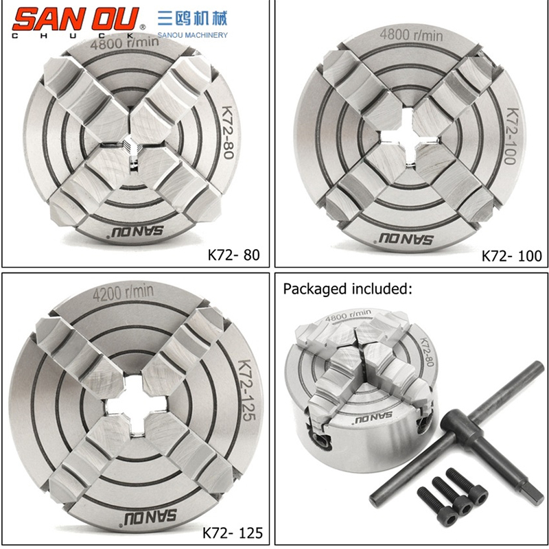 4 Jaw Independent Steel Chuck SANOU Brand Manual Metal Lathe Chuck K72-80 K72-100 K72-125 K72-160 K72-200 K72-250