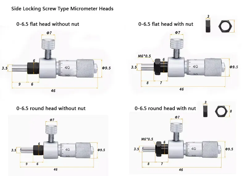 0-6.5mm 13mm 25mm Side Locking Screw Type Micrometer Heads