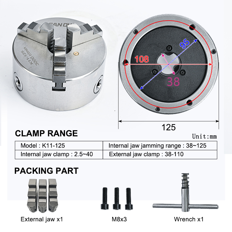 SANOU 3 Jaw Self-Centering Lathe Chuck 125mm Bore 38mm Steel Manual Scroll Chuck K11-125 Model High Accuracy