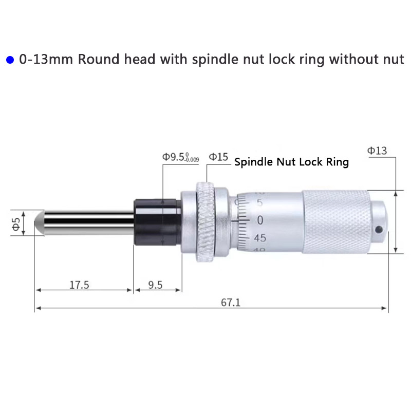 Ultra Small Mechanical Micrometer Range 0-6.5mm 13mm 25mm 50mm Flat / Round Head Spindle Nut Lock Ring Micrometer Head