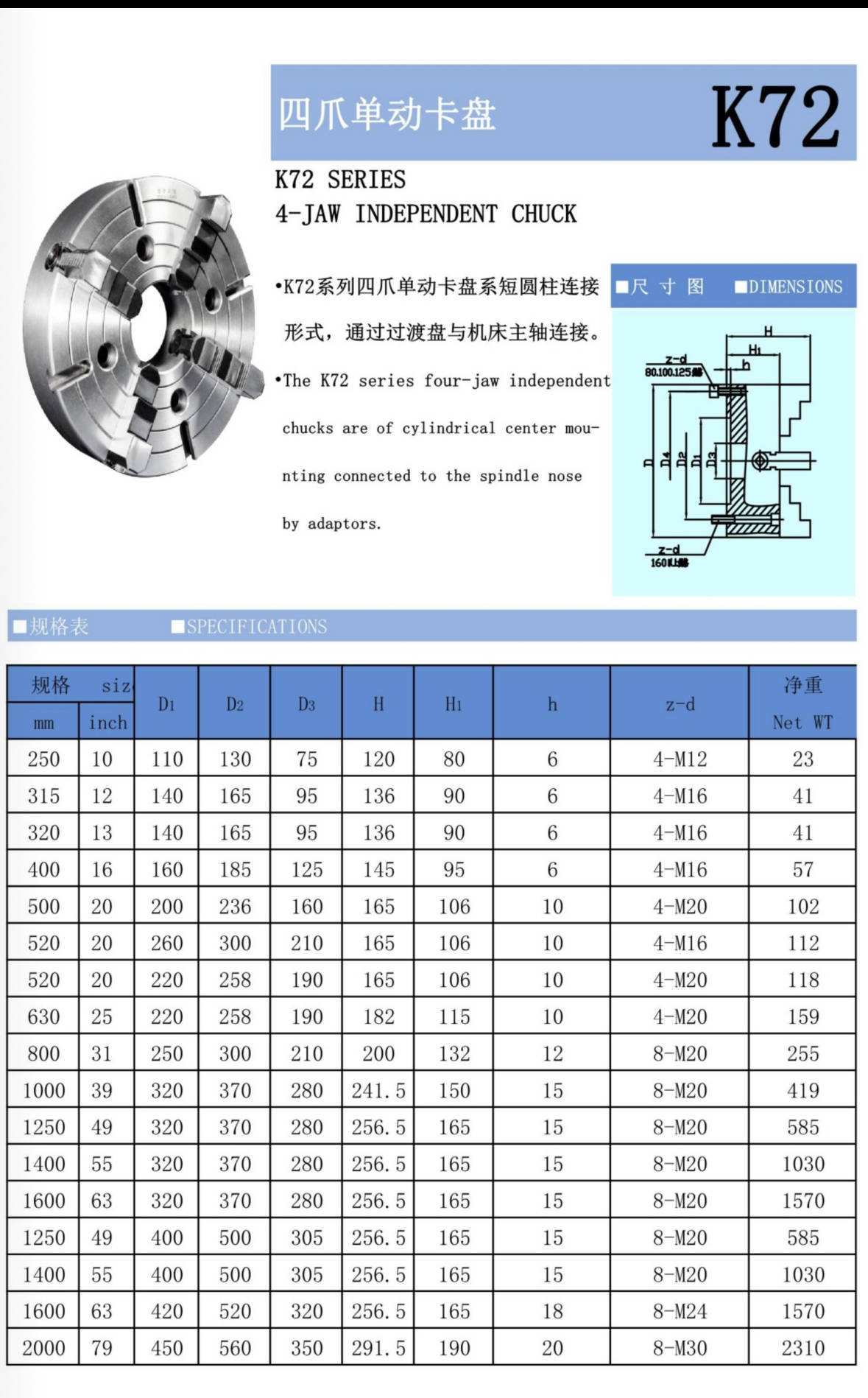 Outer Diameter 400mm, Independently Adjustable 16 Inch 4-jaw Lathe Chuck K72 400