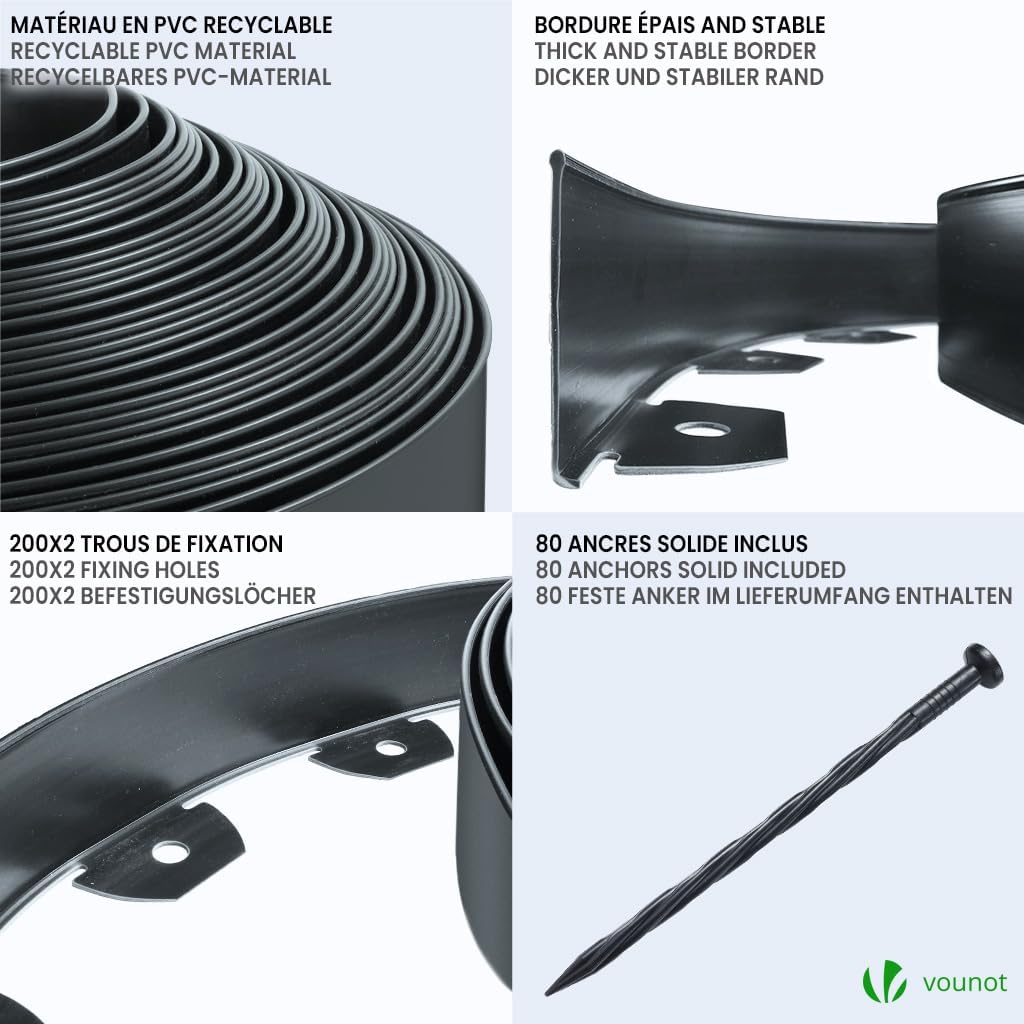 VOUNOT 20 Meter Anthracite Plastic Nature Garden Edging 40 Anchoring Pegs Flexible Lawn Border Height 50mm Pressure-Treated