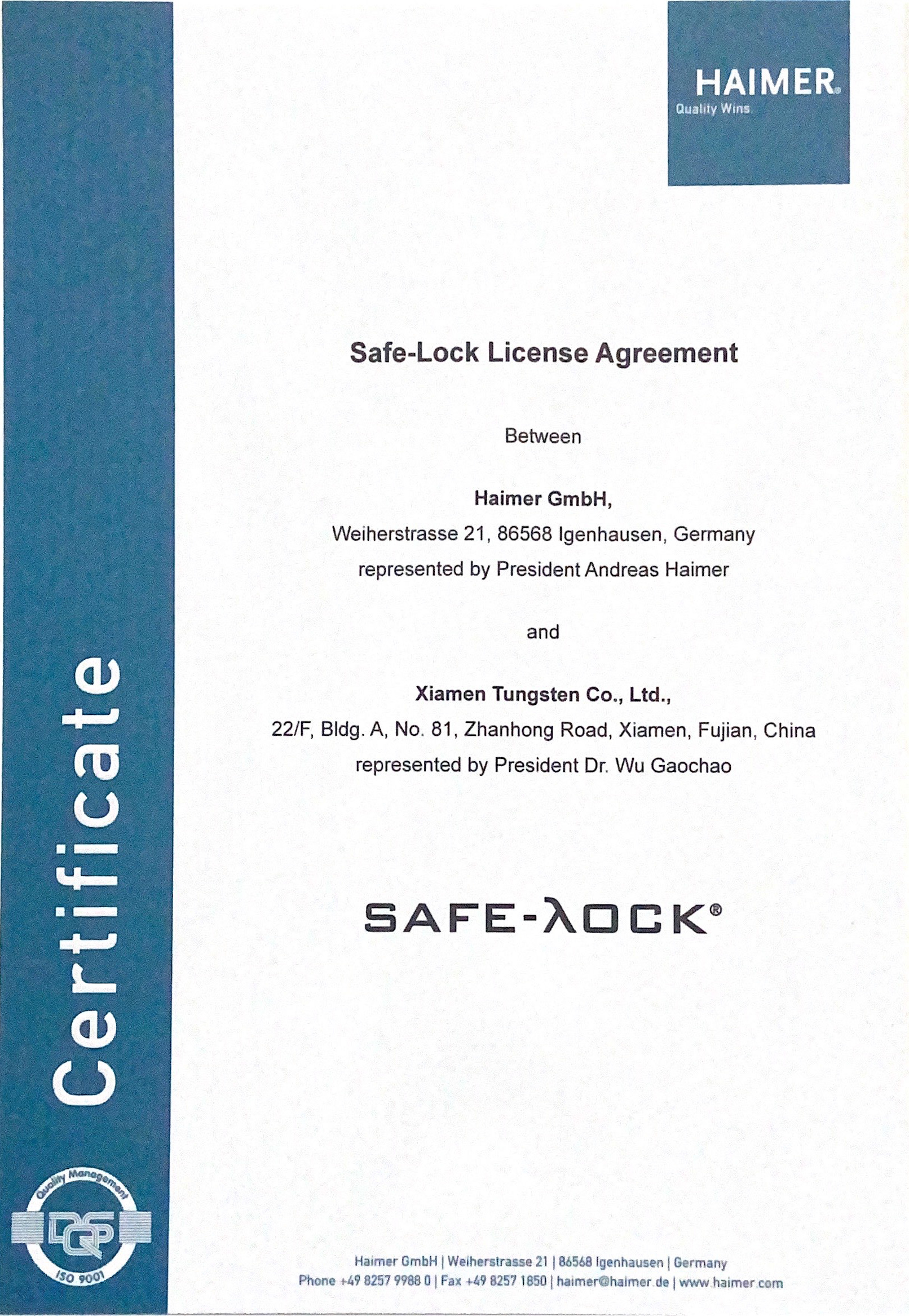 Safe-lock Authorization Certificate