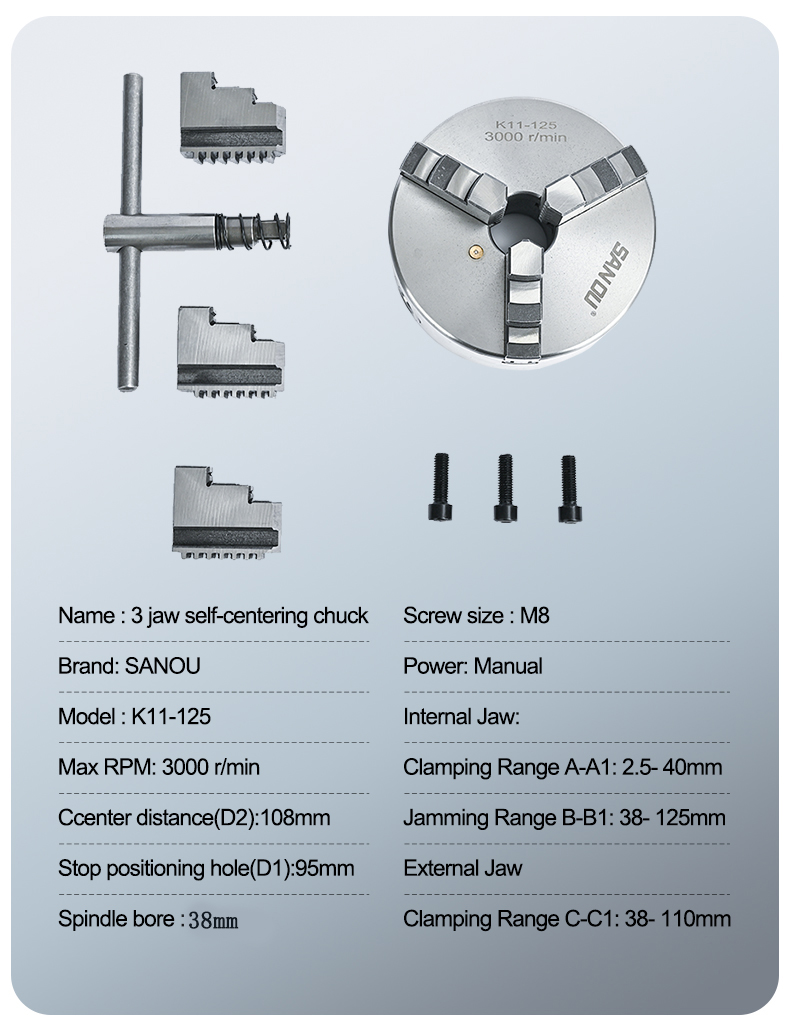 SANOU 3 Jaw Self-Centering Lathe Chuck 125mm Bore 38mm Steel Manual Scroll Chuck K11-125 Model High Accuracy