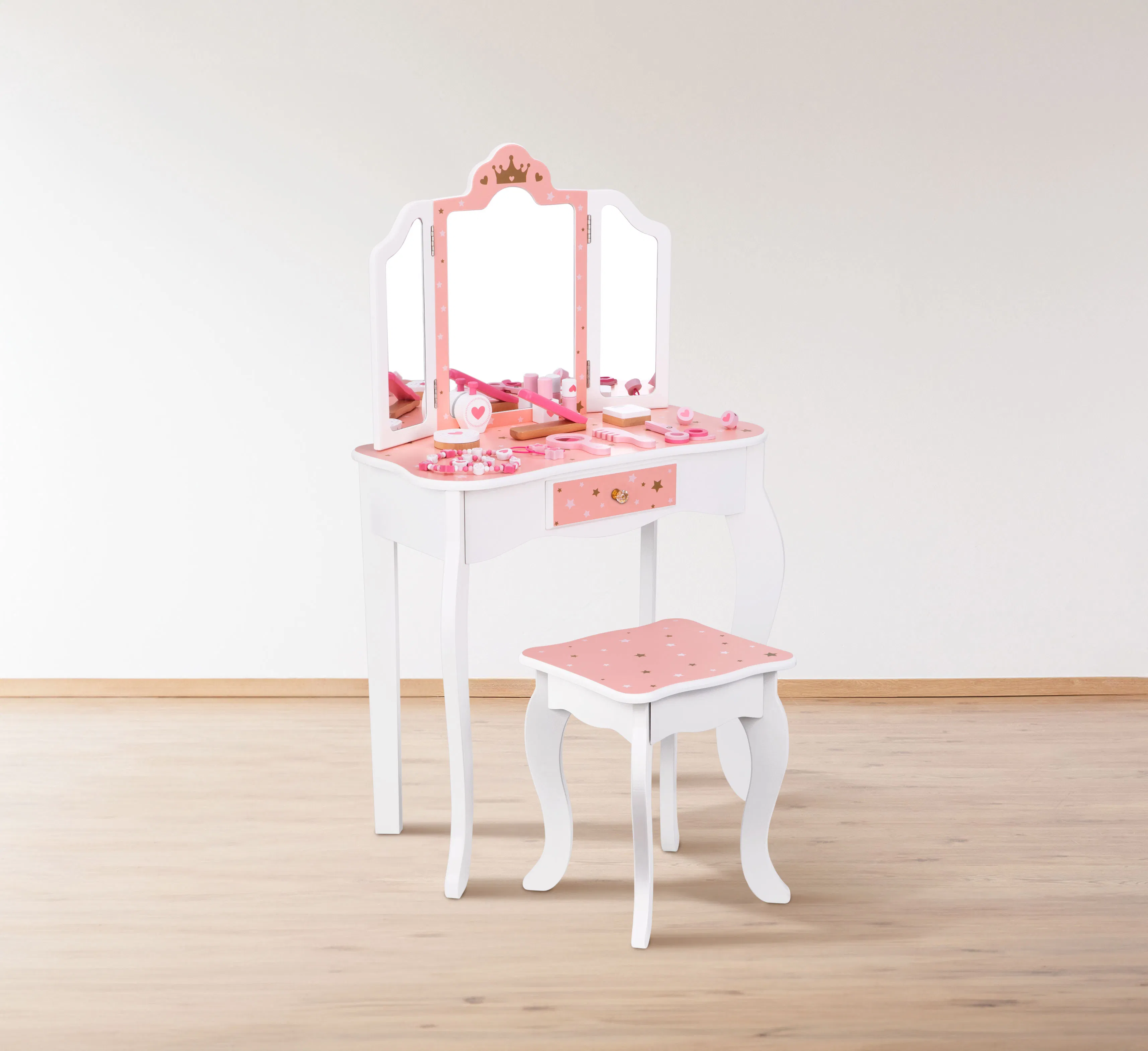 Girls Princess Makeup Pretend Play Wooden Vanity Dress-up Table Toys for Kids Role Play with Mirror