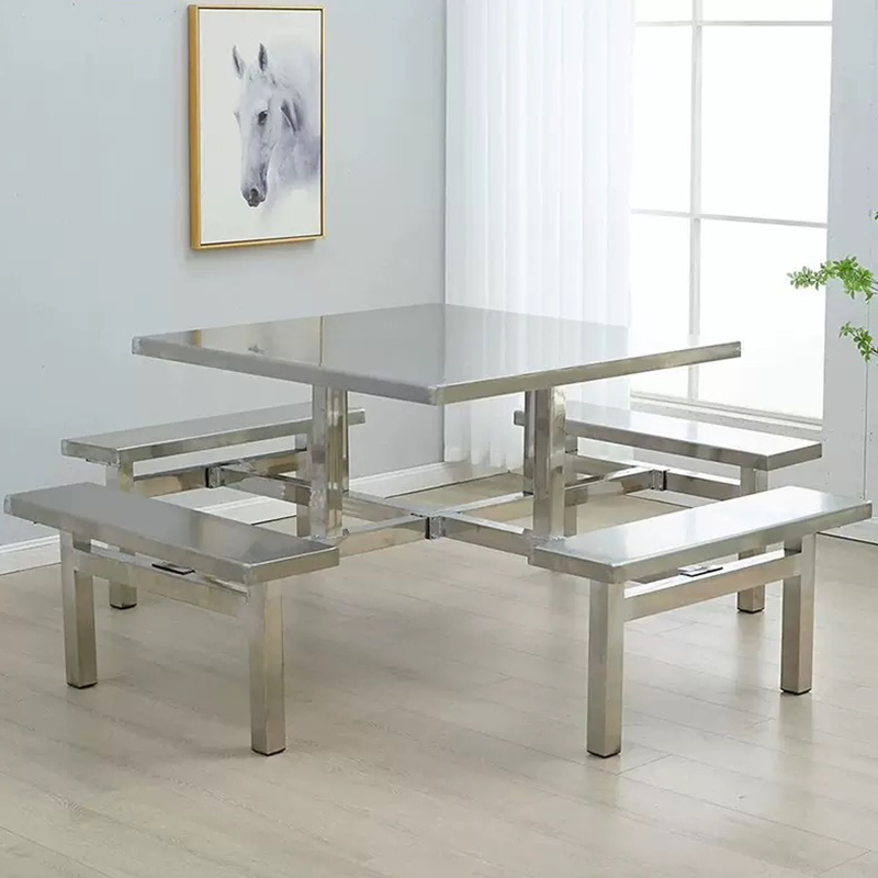 Metal Dining Table Set 6- 8 Peoples Chairs Stainless Steel School Canteen Food Table and Seat